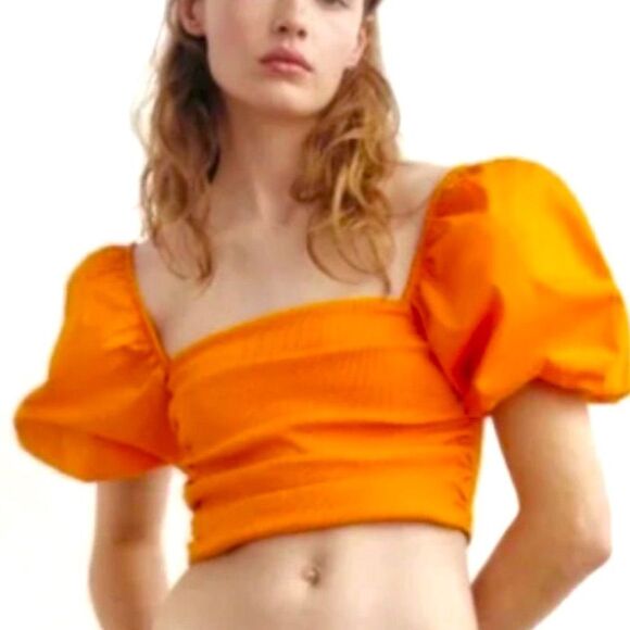 Zara Neon Orange Puff Sleeve Ruched Crop Top - Picture 3 of 9
